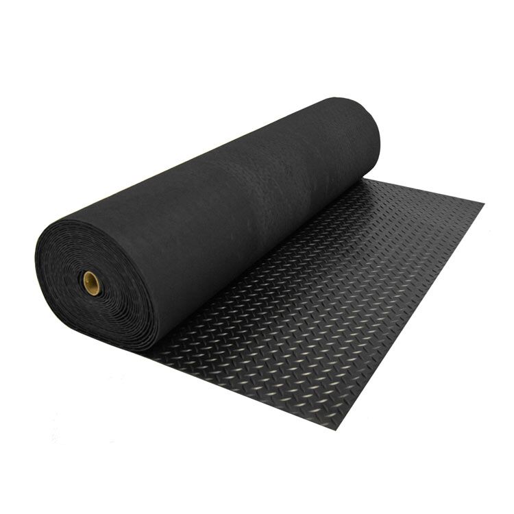 Diamond Plate Roll Large Black color Industrial Safety Floors 2 rolled and zoomed in circle to show diamond pattern rolled