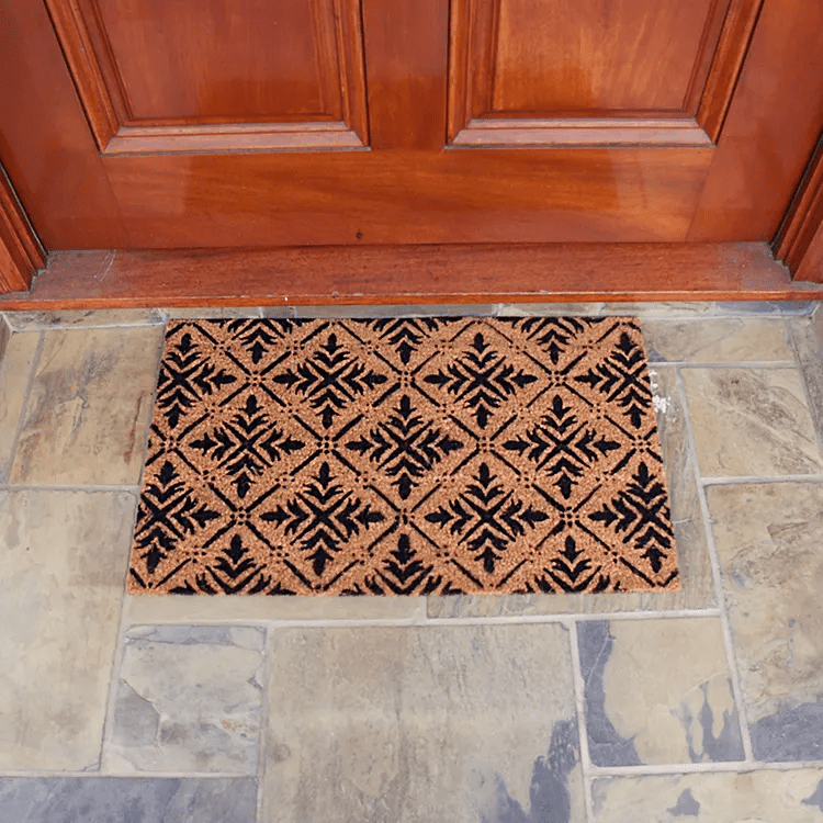 Classic-Fleur-de-Lis-11-action_Large Classic Fleur de Lis French Mat with diamond patterns in front of door