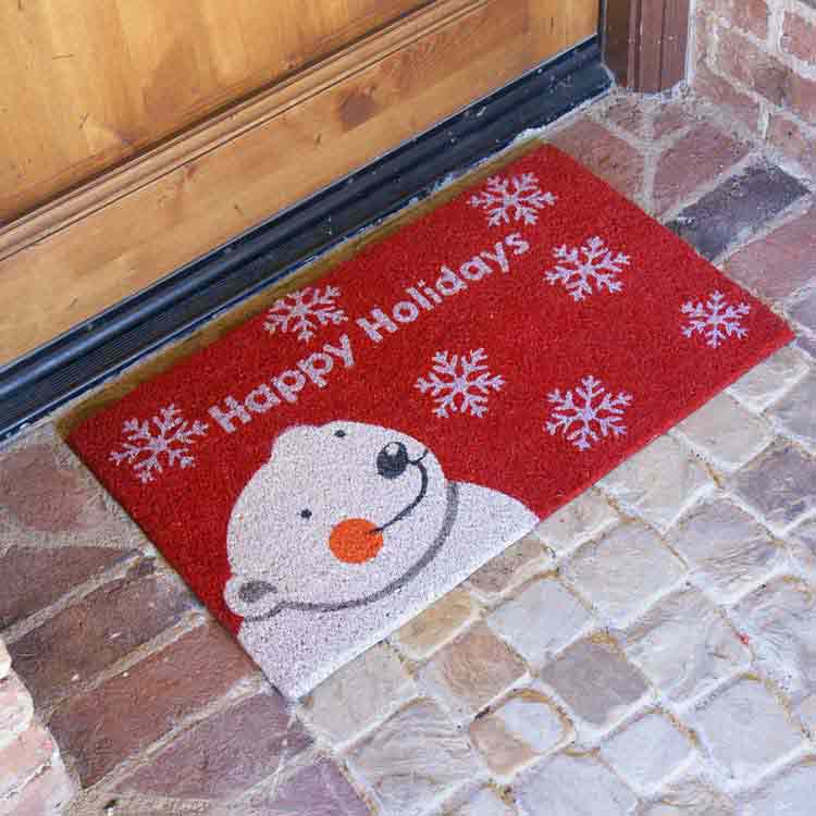 Happy_Holidays_Action3_Large Happy Holidays written in white text with a white bear next to it and snowflakes