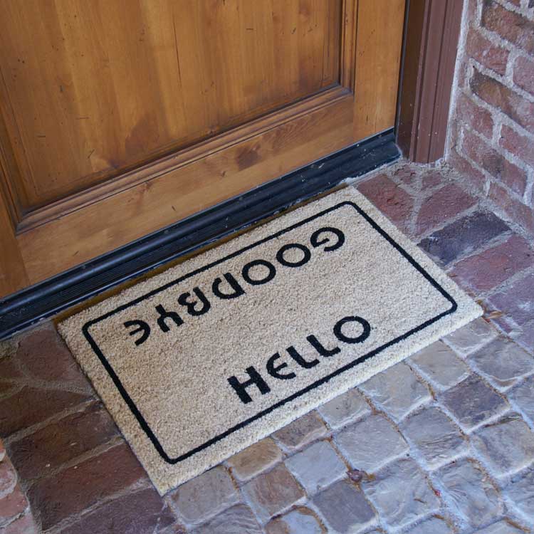 Hello_Goodbye_Action1_Large Hello Goodbye Welcome Doormat in front of door