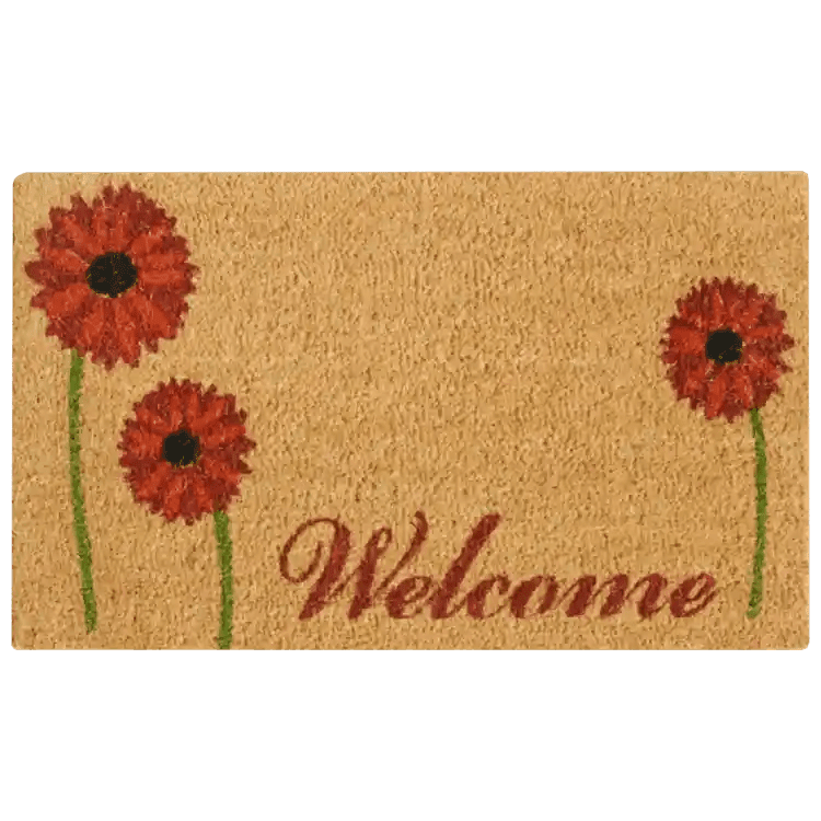 Red flower Welcome Mat Doormat with welcome message and a field of red daisies