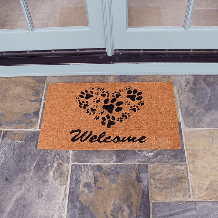 Wipe-Your-Paws-Doormat-Action-01_Large Heart Shaped Paws Welcome Doormat In Front of Door