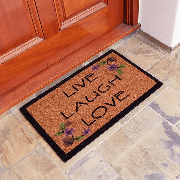 live-laugh-love-01-action_Large Brown live laugh love mat with black outline in front of brown door