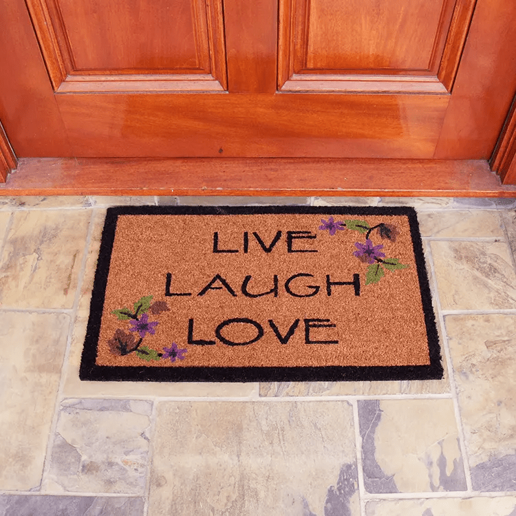 live-laugh-love-11-action_Large Brown live laugh love mat with black outline in front of brown door