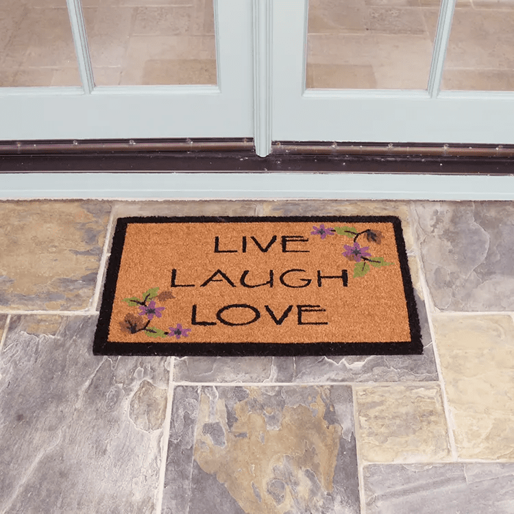 live-laugh-love-11-action_Large Brown live laugh love mat with black outline in front of white door