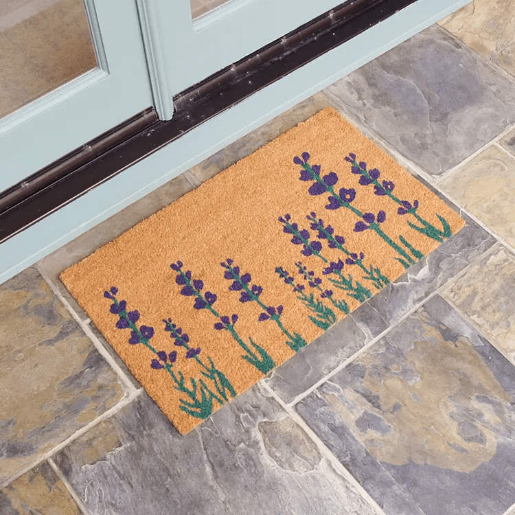 purple-english-lavender-flower-02-action_Large Coir Mat with with english purple lavender design in front of white double doors