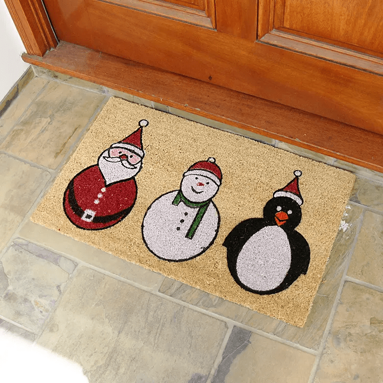 santa snowman penguin 01 action Large The Festive doormat with picture of Santa a snowman and a penguin