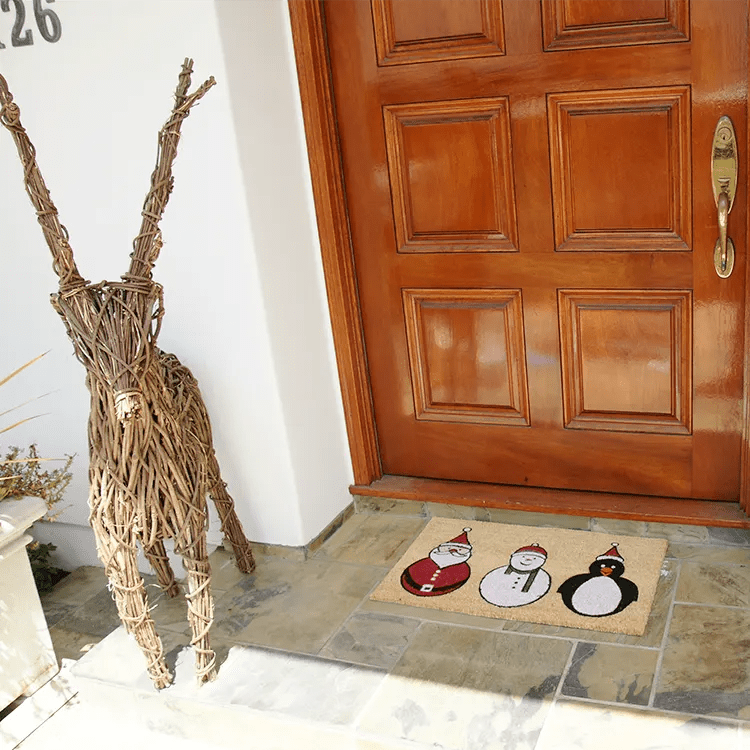 santa snowman penguin 02 action Large The Festive doormat with picture of Santa a snowman and a penguin next to reindeer