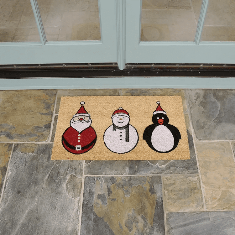 santa snowman penguin 22 action Large The Festive doormat with picture of Santa a snowman and a penguin