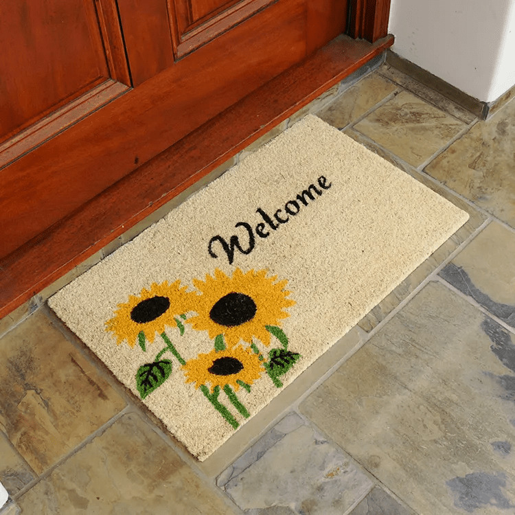 sunflower-01-action_Large Welcome mat with sunflower design in front of red door