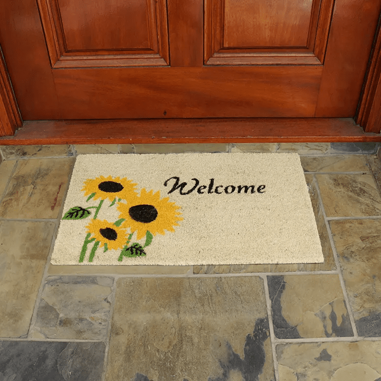 sunflower-11-action_Large Welcome mat with sunflower design in front of red door