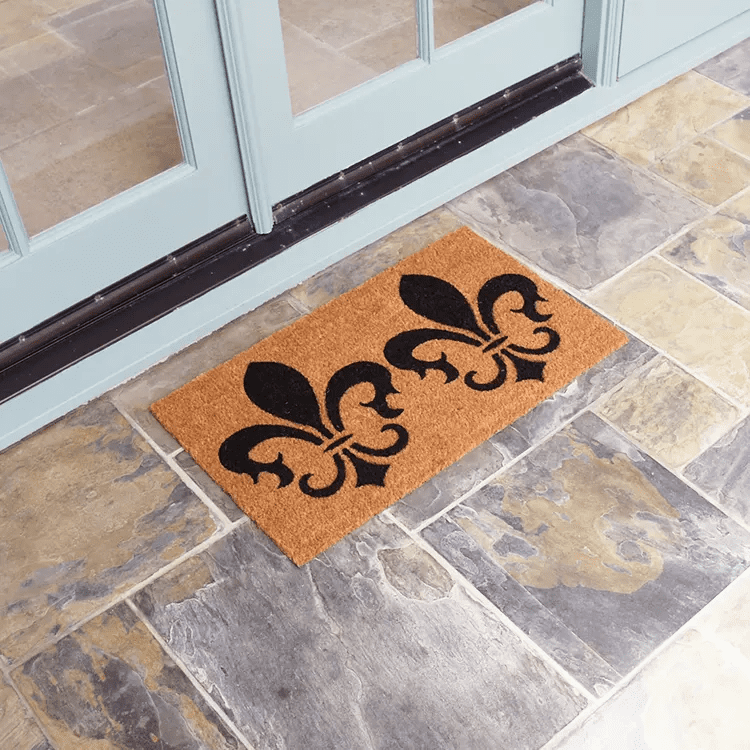 french_coat_of_arms_action1_Large The Clovis Legend Inspired French Mat in Brown and Black in front of double white doors