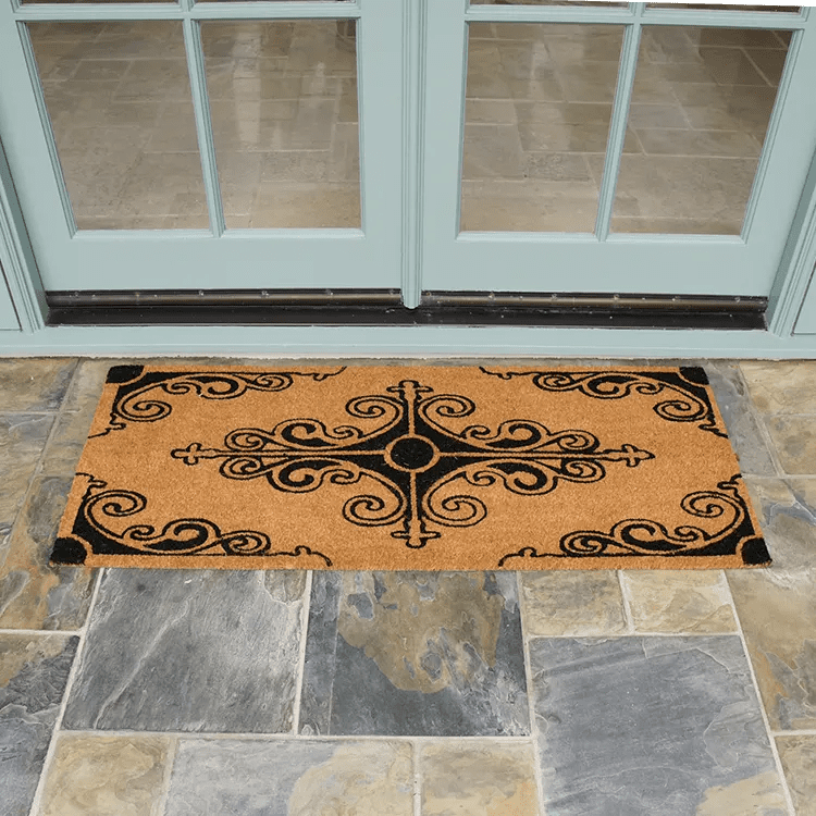 traditional-fleur-de-lis-double-door-11-action_Large Traditional Fleur de Lis French Mat in front of white double doors