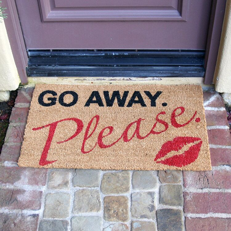 APoliteKissGoodbye Action 04 1000x1000 1 A polite kiss go away please welcome mat in front of door