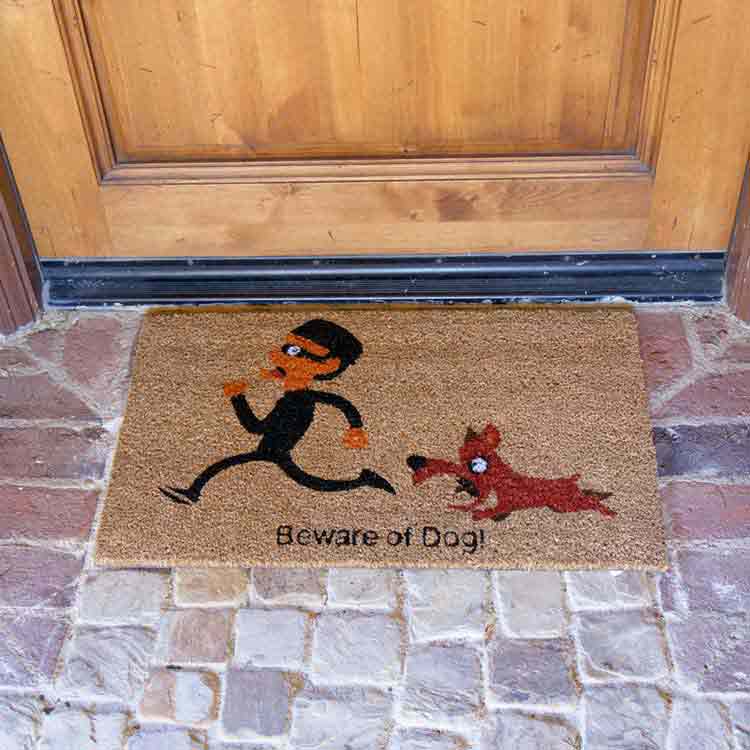 beware-of-dog-welcome-01-action_Large Beware of dog welcome mat in front of door