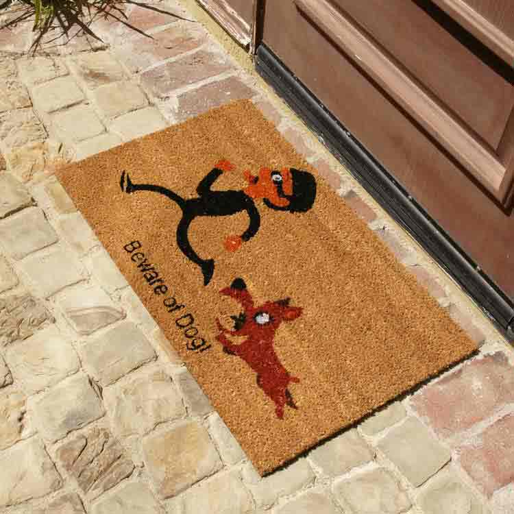 Beware_Of_Dog_Action5_Large Beige beware of dog welcome mat in front of door