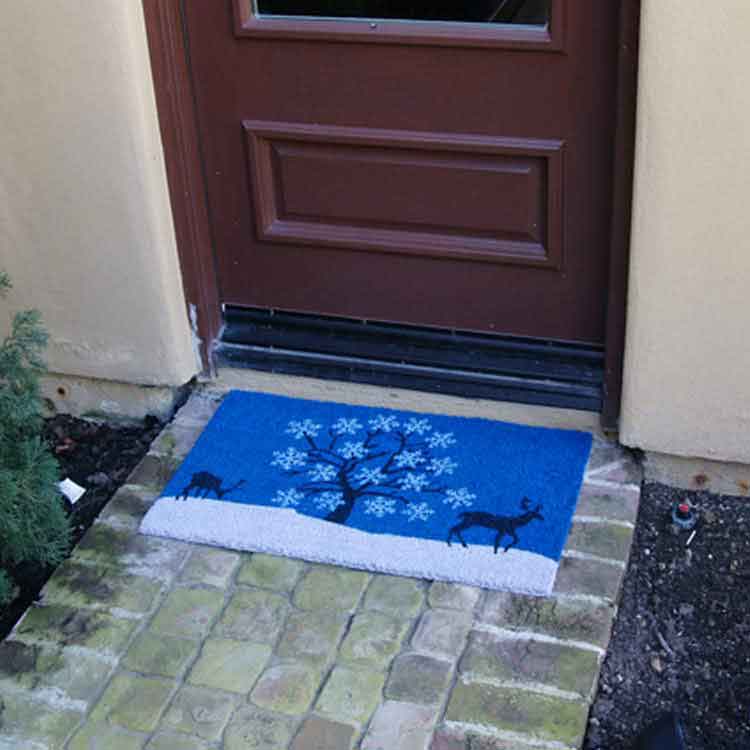 Blue_Sky_Action4_Large Reindeer shadows along a snowflake tree with snow ground on a blue mat