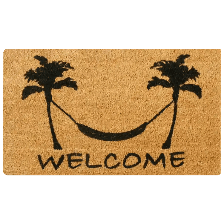 ChillinByTheShore Entry Shot Two doormat one with welcome tropical with a pineapple replacing the o in welcome and the other is two tropical trees hung for a hammock with welcome underneath