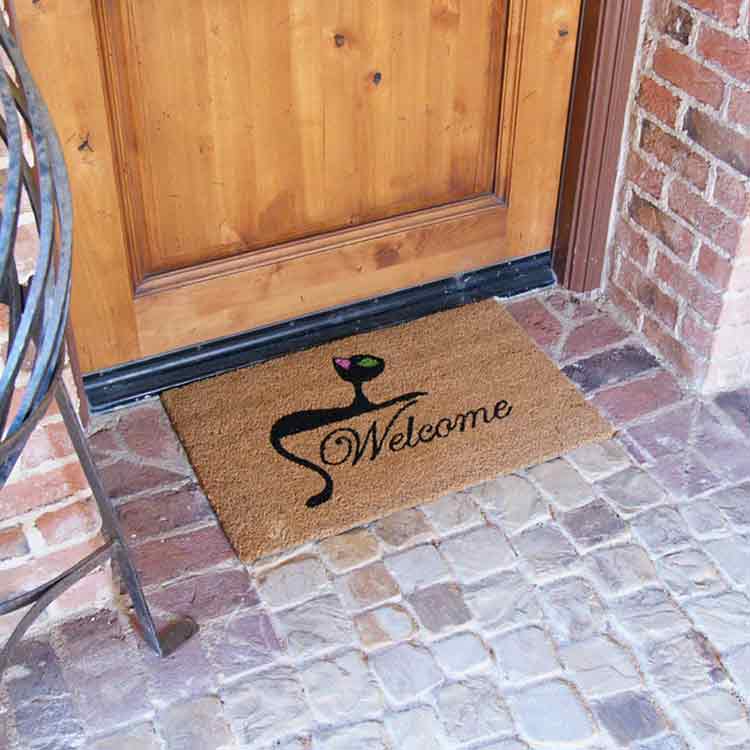 kitty-cat-doormat-11-action_Large Welcome written in middle with a cat above it brown mat