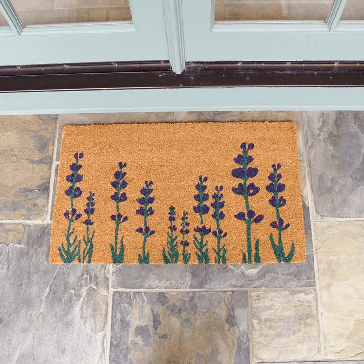 purple-english-lavender-flower-22-action_Large Coir Mat with with english purple lavender design in front of white double doors