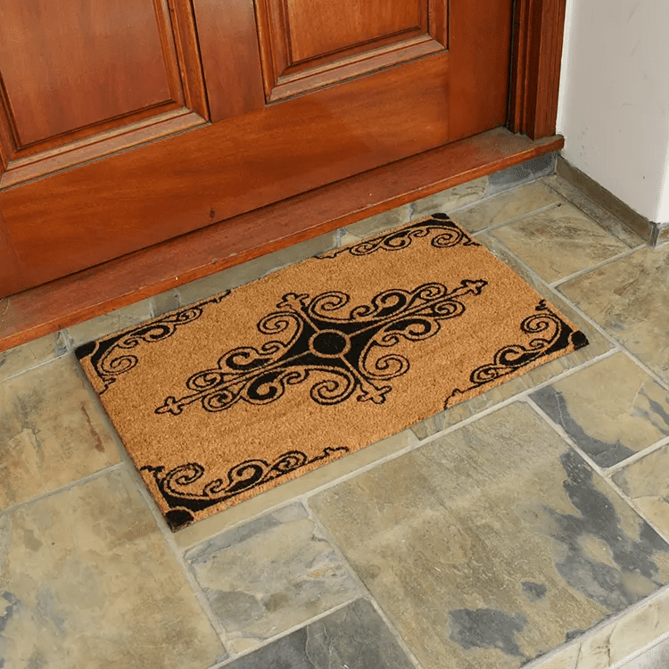 traditional-fleur-de-lis-01-action_Large Traditional Fleur de Lis French Mat in front of red door